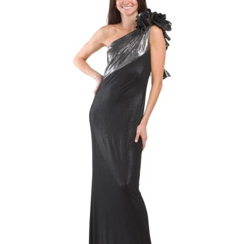 NEW Tadashi Shoji One Shoulder Rosette Black & Silver Evening Long Dress - Small